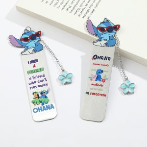 Stitch Metal Bookmark with OHANA Quote & Flower Charm