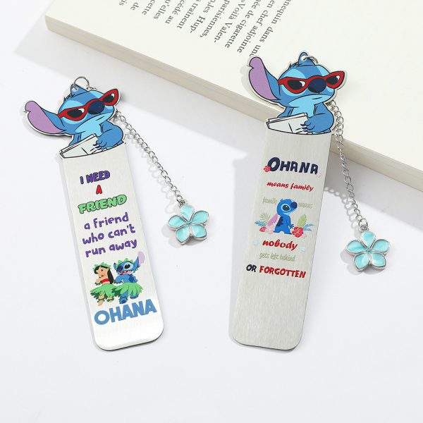 Stitch Metal Bookmark with OHANA Quote & Flower Charm